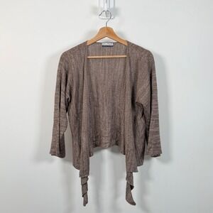 Duna Brown Space Dye Handloomed Tie Front Cardigan Sweater Bamboo Viscose Blend